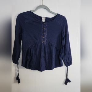 Navy Peasant Tassel 3/4 Sleeve Top Size Small Button down